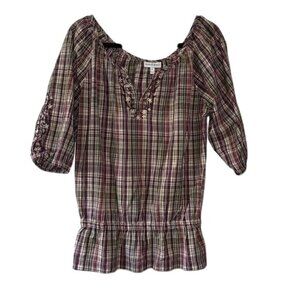 Fashion Bug Plaid Peasant Top With Embroidered Floral Detail & Elastic Waist S 1